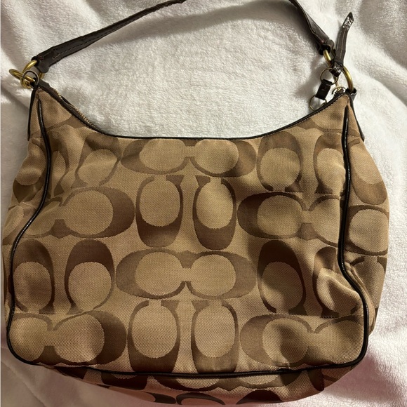 Coach Signature Jacquard fabric with Stripe Brown Front Logo Hobo purse. - Picture 6 of 15